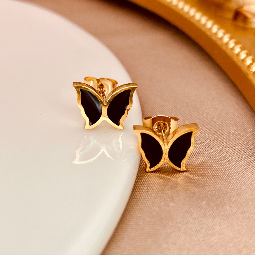 Butterflies Enamel Black Stud Earrings in Gold
